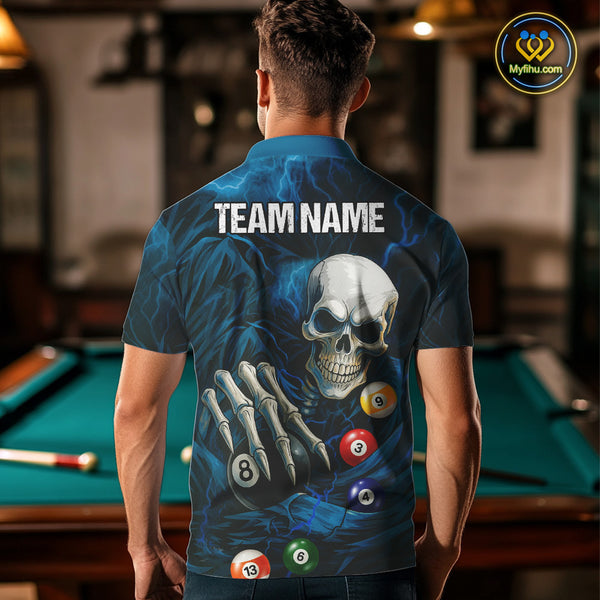 Personalized Blue Funny Skeleton Pool Balls Billiard Shirt For Men, Skull Billiard Team Jerseys TDM4368