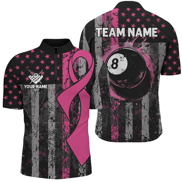 Custom Pink Ribbon Grunge US Flag Patriotic Billiard Shirts For Men, Breast Cancer Billiard Jerseys TDM2512