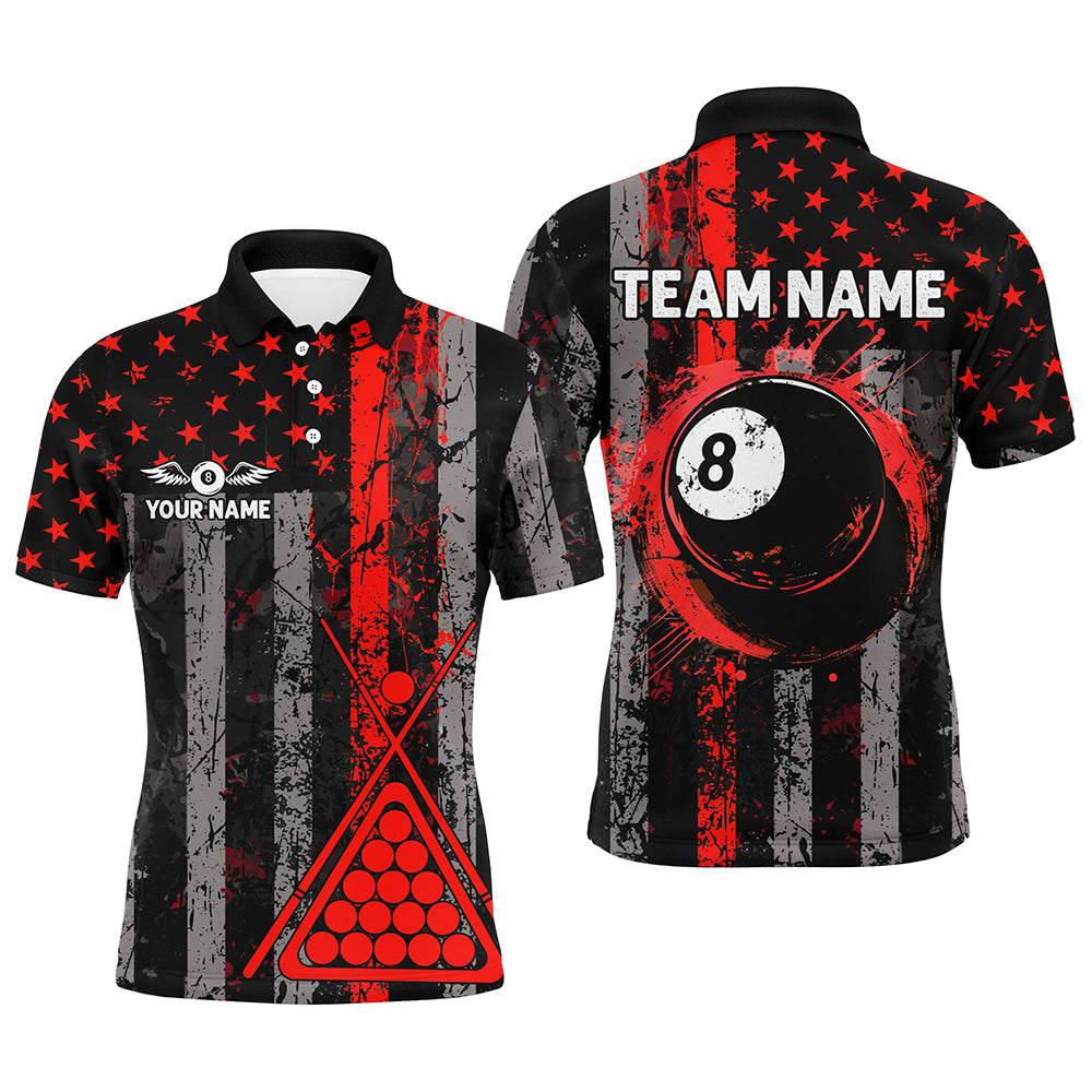 Custom Red Grunge US Flag Patriotic Billiard Shirts For Men, Retro 8 Ball Pool Billiard Team Jersey TDM2513