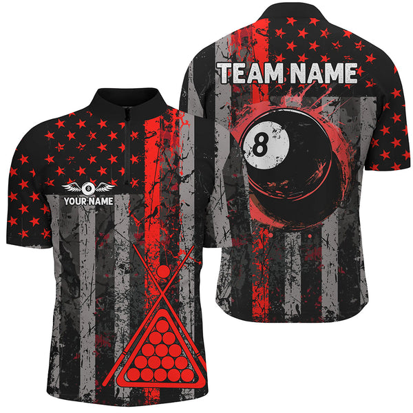 Custom Red Grunge US Flag Patriotic Billiard Shirts For Men, Retro 8 Ball Pool Billiard Team Jersey TDM2513