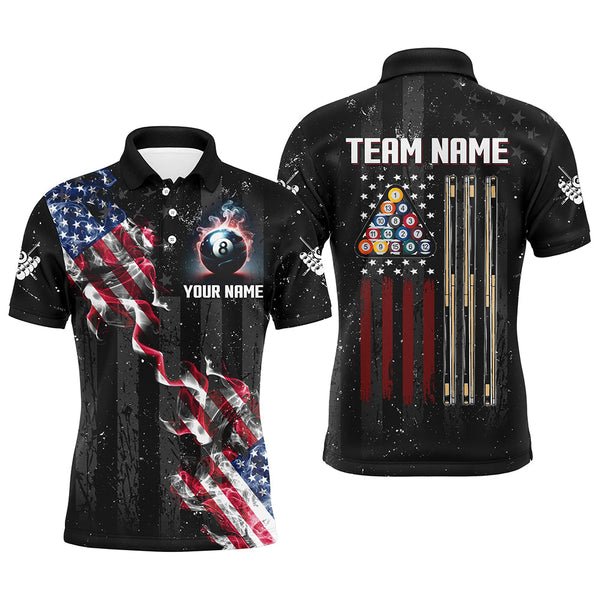 Personalized Black Grunge US Flag Smoke Billiard Shirts For Men, Patriotic Billiard Team Jerseys TDM2759