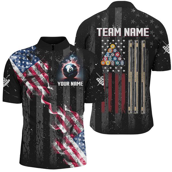 Personalized Black Grunge US Flag Smoke Billiard Shirts For Men, Patriotic Billiard Team Jerseys TDM2759