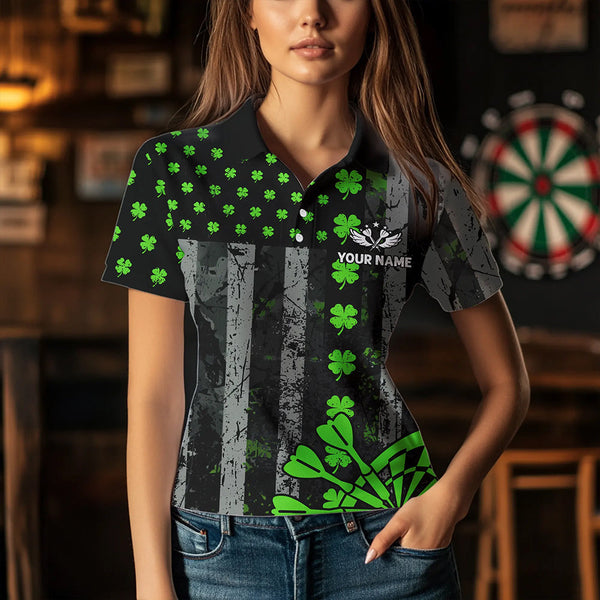 Green Grunge US Flag Luckiest Shamrock Patriotic Women Dart Shirt Custom St Patrick Day Dart Jersey TDM3448