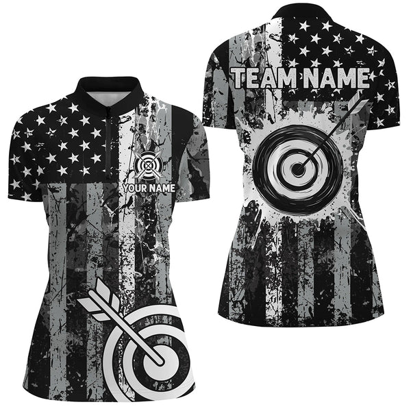 Custom Black Grunge USA Flag Archery Shirts For Women, Patriotic American Archery Team Jerseys TDM3242