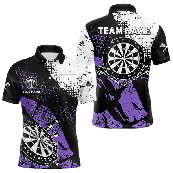 Retro Black Purple Grunge Pattern Darts Polo, Quarter Zip Custom Men Dart Shirt Team Dart Jersey TDM3593