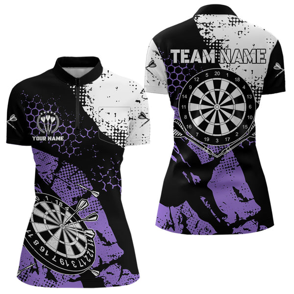 Black Purple Grunge Darts Polo, 1/4 Zip Custom Women Dart Shirt Dart Jersey TDM3593
