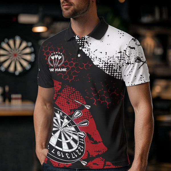 Retro Black Red Grunge Pattern Darts Polo, Quarter Zip Custom Men Dart Shirt Team Dart Jersey TDM3594