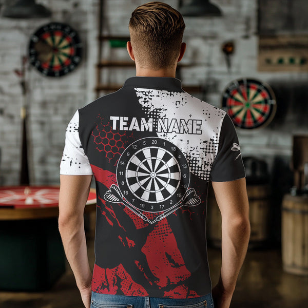 Retro Black Red Grunge Pattern Darts Polo, Quarter Zip Custom Men Dart Shirt Team Dart Jersey TDM3594