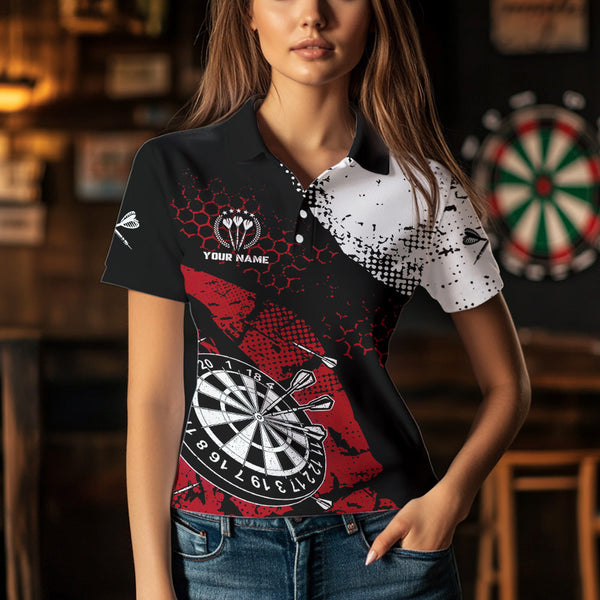 Red Black Grunge Darts Polo, 1/4 Zip Custom Women Dart Shirt Dart Team Jersey TDM3594