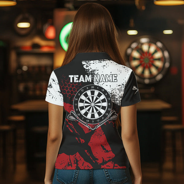 Red Black Grunge Darts Polo, 1/4 Zip Custom Women Dart Shirt Dart Team Jersey TDM3594