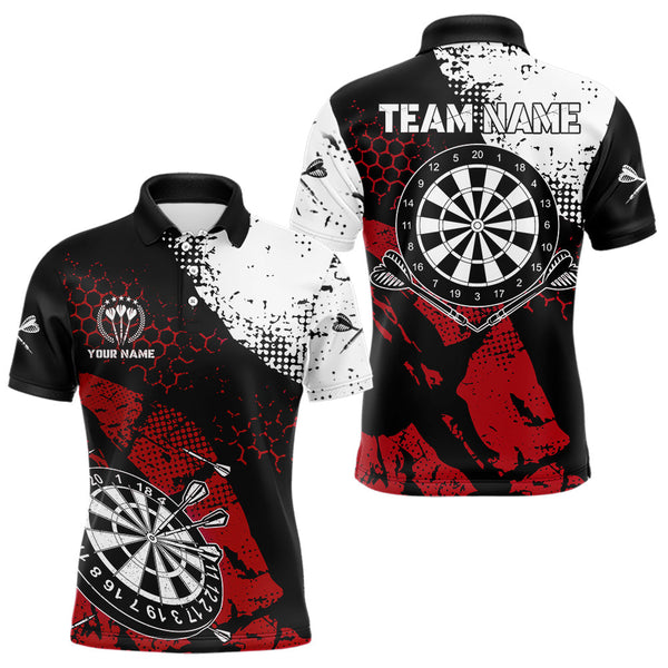 Retro Black Red Grunge Pattern Darts Polo, Quarter Zip Custom Men Dart Shirt Team Dart Jersey TDM3594