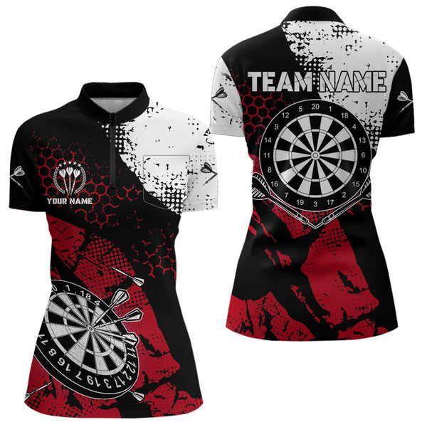 Red Black Grunge Darts Polo, 1/4 Zip Custom Women Dart Shirt Dart Team Jersey TDM3594