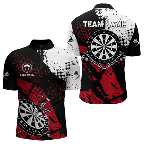 Retro Black Red Grunge Pattern Darts Polo, Quarter Zip Custom Men Dart Shirt Team Dart Jersey TDM3594