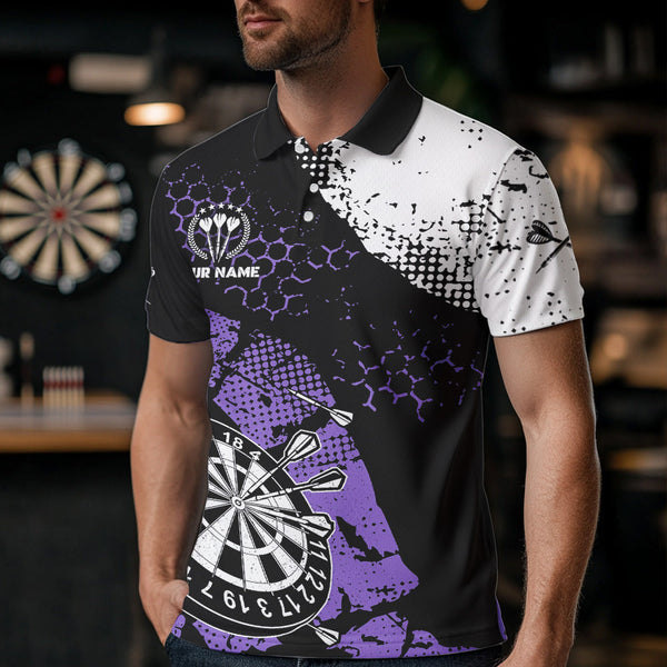 Retro Black Purple Grunge Pattern Darts Polo, Quarter Zip Custom Men Dart Shirt Team Dart Jersey TDM3593