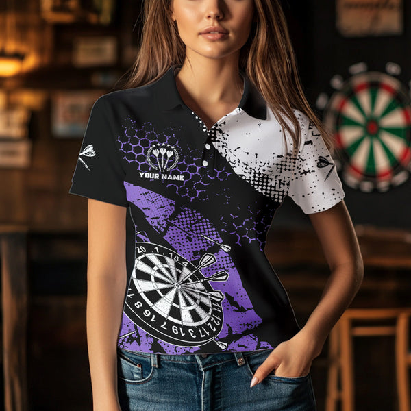 Black Purple Grunge Darts Polo, 1/4 Zip Custom Women Dart Shirt Dart Jersey TDM3593