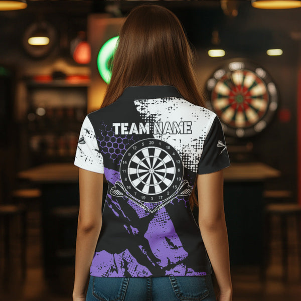 Black Purple Grunge Darts Polo, 1/4 Zip Custom Women Dart Shirt Dart Jersey TDM3593