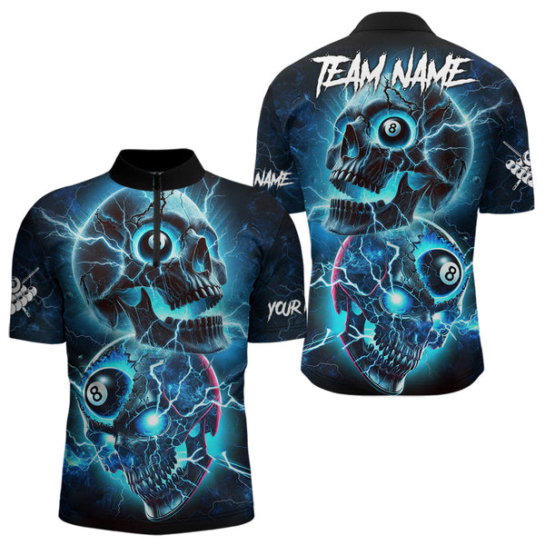Personalized Blue Billiard 8 Ball Skull Billiard Polo & 1/4 Zip For Men, Lightning Billiard Jerseys TDM3747