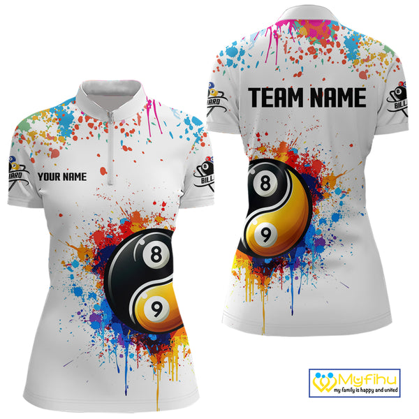 Funny Yin Yang 8 Ball & 9 Ball Colorful Splash Custom Women's Billiard Shirts, Pool Jerseys|White TDM4018