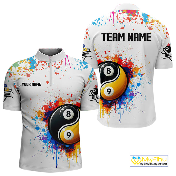 Funny Yin Yang 8 Ball & 9 Ball Colorful Splash Custom Men's Billiard Shirts, Pool Jerseys|White TDM4018