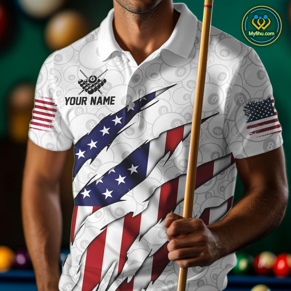 Personalized American Flag Billiard Shirts For Men, Patriotic 8 Ball Pool Team Jersey | White TDM4026