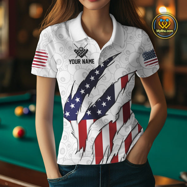 Personalized American Flag Billiard Shirts For Women, Patriotic 8 Ball Pool Team Jersey | White TDM4026