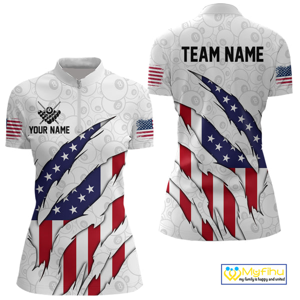 Personalized American Flag Billiard Shirts For Women, Patriotic 8 Ball Pool Team Jersey | White TDM4026