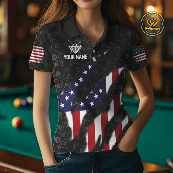 Personalized American Flag Billiard Shirts For Women, Patriotic 8 Ball Pool Team Jersey | Black TDM4027