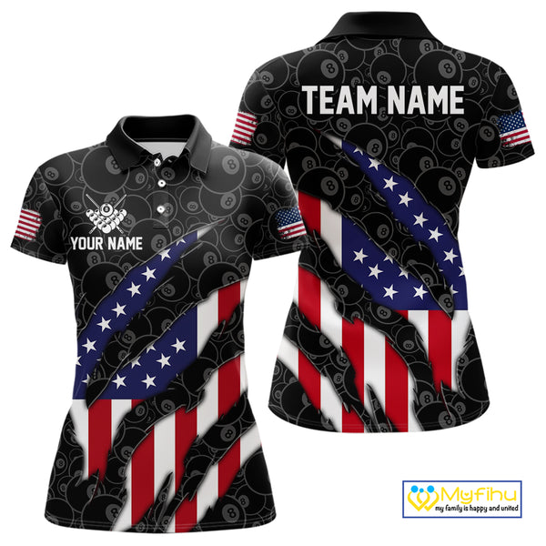 Personalized American Flag Billiard Shirts For Women, Patriotic 8 Ball Pool Team Jersey | Black TDM4027
