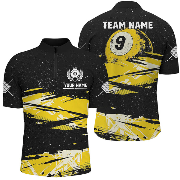 Custom Yellow Grunge Billiard 9 Ball Pool Men Polo/ Quarter-Zip Shirts, 9 Ball Billiard Jerseys TDM2060