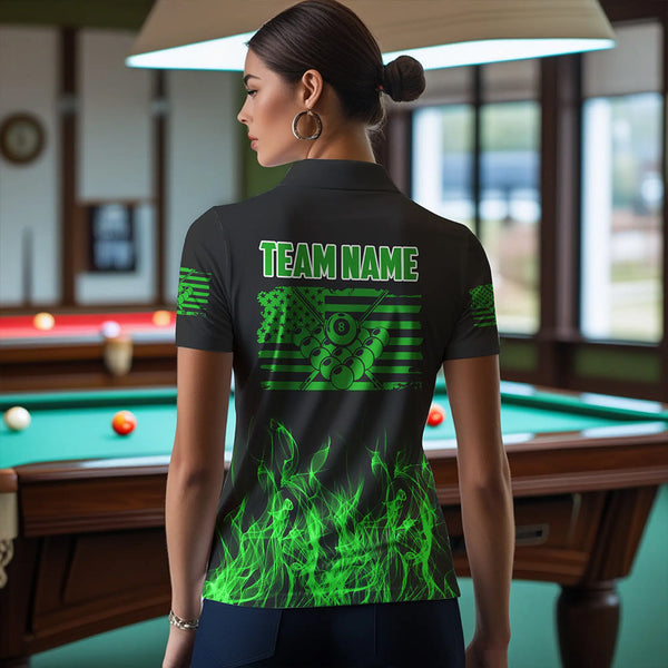 3D Green Flaming American Flag Women Billiard Shirt Custom Patriotic Pool Player Billiard Jersey TDM3452