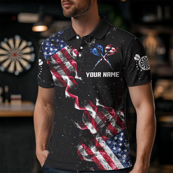 Customized Grunge US Flag Smoke Darts Polo & Quarter-Zip Shirts, Patriotic Darts Jerseys For Men TDM3455