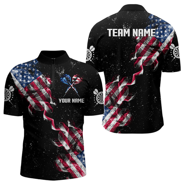 Customized Grunge US Flag Smoke Darts Polo & Quarter-Zip Shirts, Patriotic Darts Jerseys For Men TDM3455