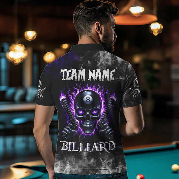 Personalized Purple 8 Ball Fire Flame Gun Skull Smoke Billiard Shirt For Men, Cool Billiard Jersey TDM3604