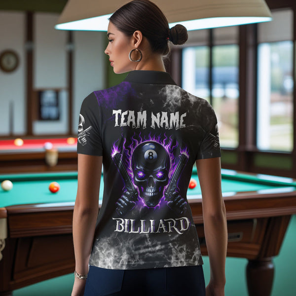 Personalized Purple 8 Ball Fire Flame Gun Skull Smoke Billiard Shirt For Women, Cool Billiard Jersey TDM3604