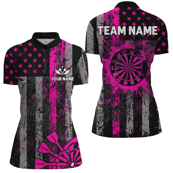 Custom Pink Grunge US Flag Patriotic Darts Shirt For Women, Retro Darts Board Darts Team Jerseys TDM2068