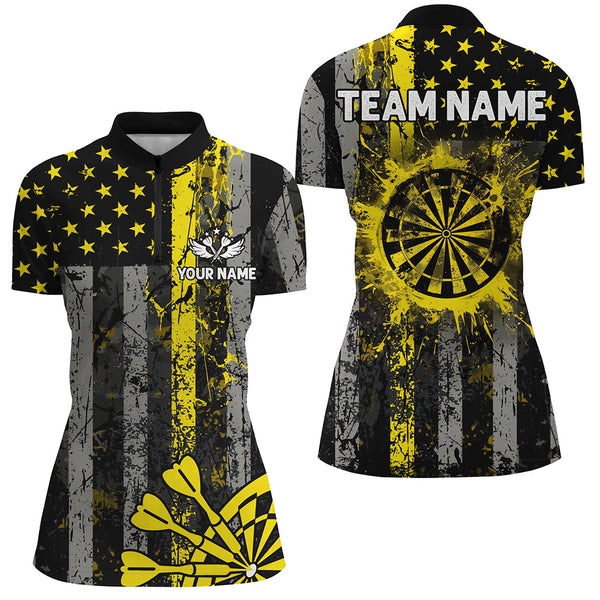 Custom Yellow Grunge US Flag Patriotic Darts Shirt For Women, Retro Darts Board Darts Team Jerseys TDM2069