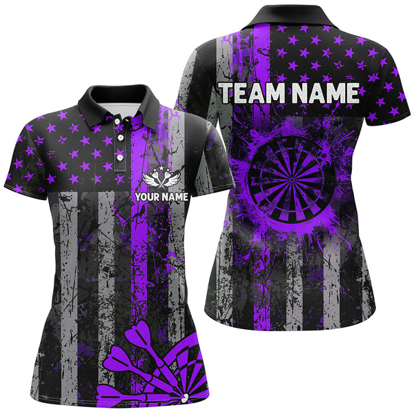 Custom Purple Grunge US Flag Patriotic Darts Shirt For Women, Retro Darts Board Darts Team Jerseys TDM2070