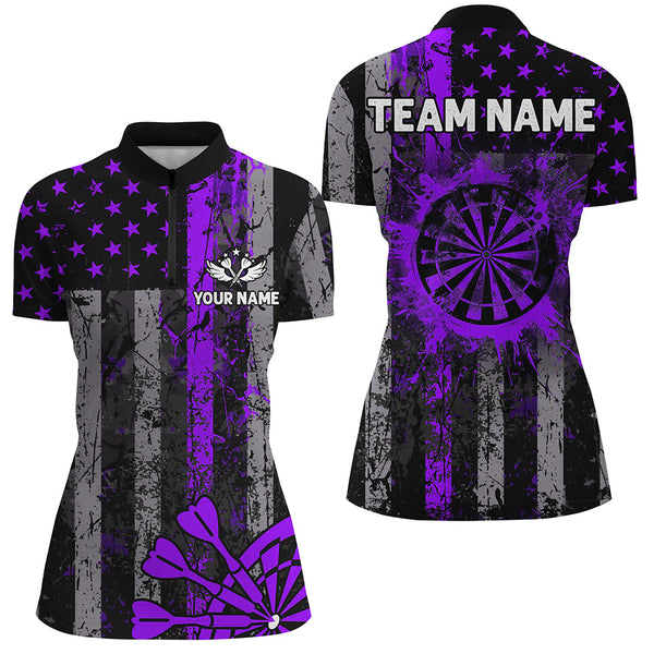 Custom Purple Grunge US Flag Patriotic Darts Shirt For Women, Retro Darts Board Darts Team Jerseys TDM2070