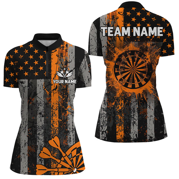 Custom Orange Grunge US Flag Patriotic Darts Shirt For Women, Retro Darts Board Darts Team Jerseys TDM2272
