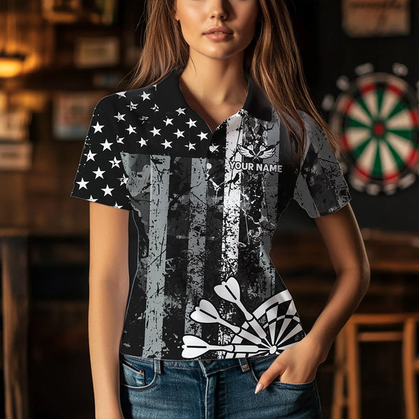 Custom Black Grunge US Flag Patriotic Darts Shirt For Women, Retro Darts Board Darts Team Jerseys TDM2273