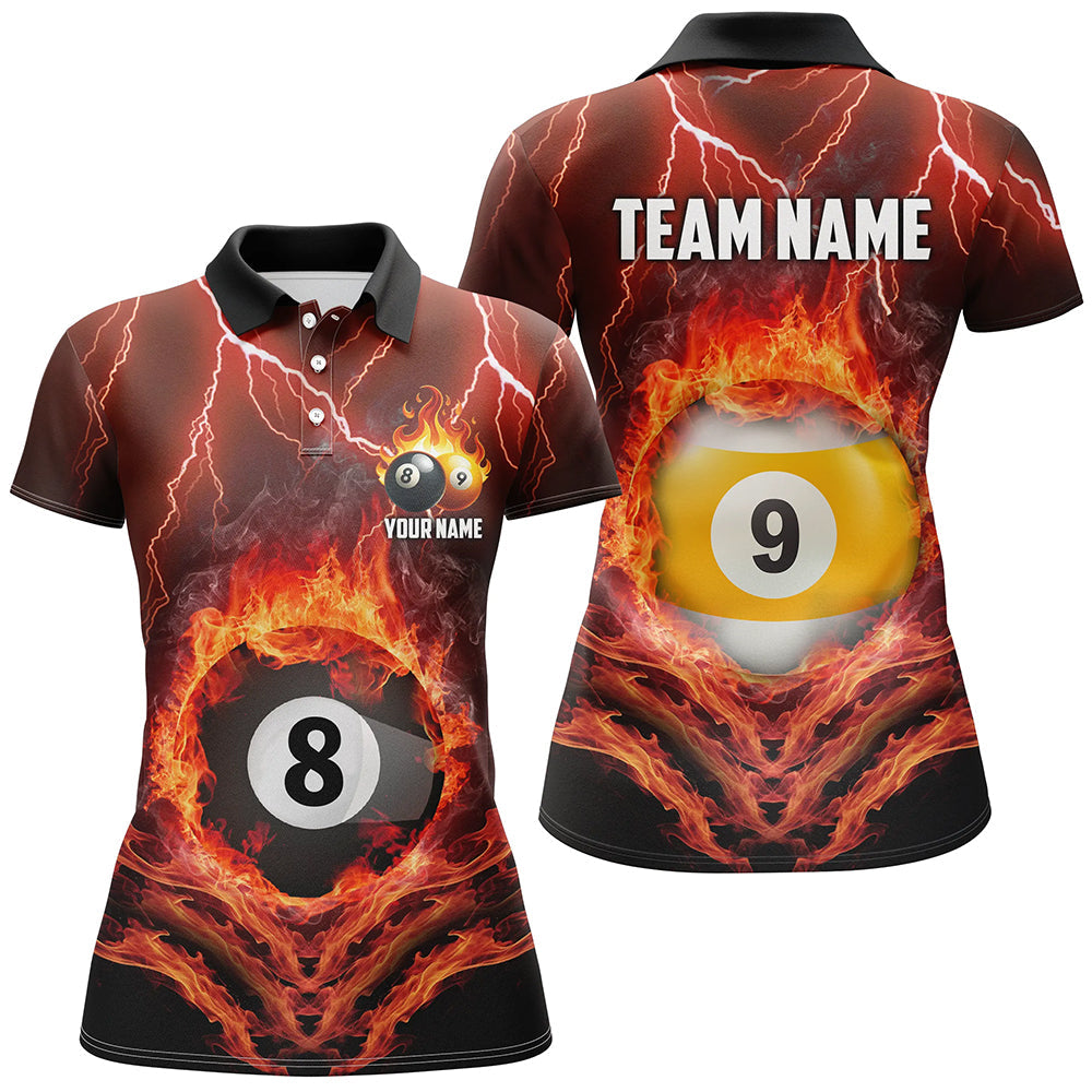 Billiard 8 Ball & 9 Ball Fire Lightning Women Polo & 1/4 Zip Shirts Custom Billiard Jersey |Orange TDM1642