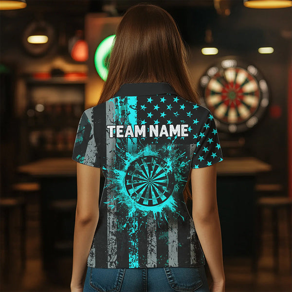 Custom Turquoise Grunge Us Flag Patriotic Darts Shirt For Women, Retro Darts Board Darts Team Jerseys TDM1648
