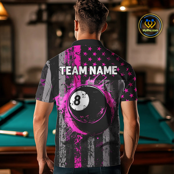 Custom Pink Grunge US Flag Patriotic Billiard Shirts For Men, Retro 8 Ball Pool Billiard Jersey TDM4045