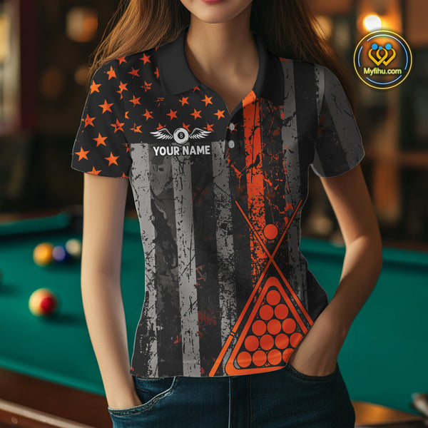 Custom Orange Grunge US Flag Patriotic Billiard Shirts For Women, Retro 8 Ball Pool Billiard Jersey TDM4046