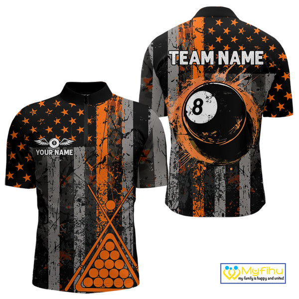 Custom Orange Grunge US Flag Patriotic Billiard Shirts For Men, Retro 8 Ball Pool Billiard Jersey TDM4046