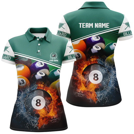 Custom Name Billiard 8 Ball In Fire And Water 3D  Polo Shirts For Women, Gifts For Billiard Player TDM0160