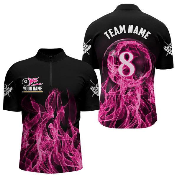 3D Pink Flaming 8 Ball Pool Men Billiard Polo & 1/4 Zip Shirt Custom Pool Player Billiard Jersey TDM3616