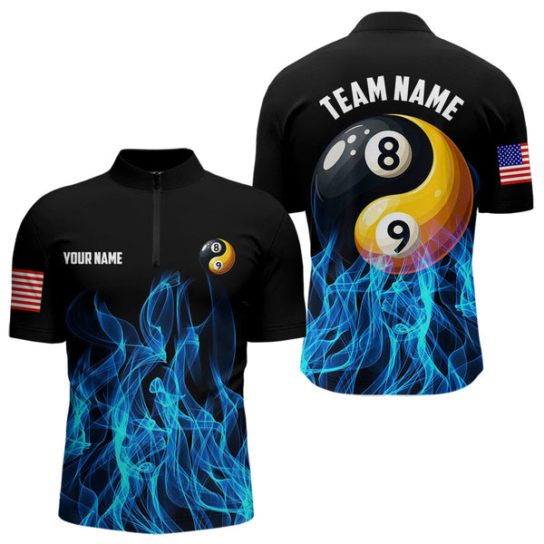 Blue Flaming Ying And Yang 8 Ball & 9 Ball Billiard Shirts For Men Custom Pool Billiard Jerseys TDM3617