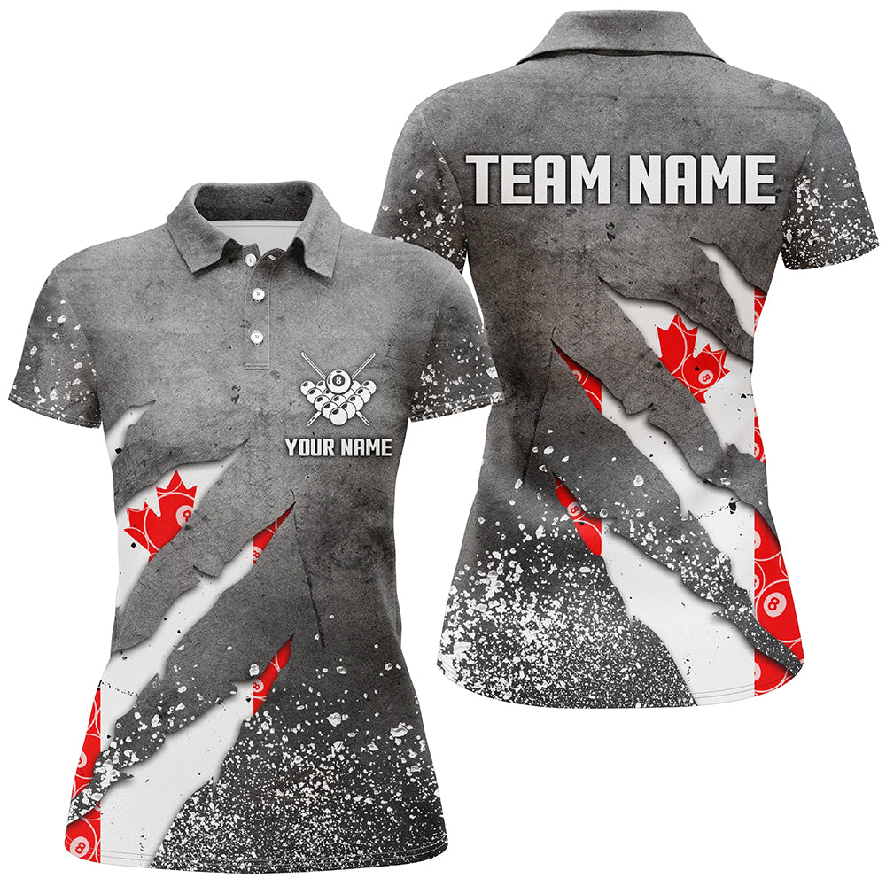 Custom Ball 8 Canada Flag Grey Grunge Women Billiard Polo & 1/4 Zip Shirt Best Billiard Team Jersey TDM1650