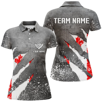 Custom Ball 8 Canada Flag Grey Grunge Women Billiard Polo & 1/4 Zip Shirt Best Billiard Team Jersey TDM1650